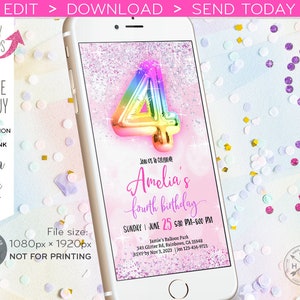 May include: A digital invitation for a 4th birthday party. The invitation features a rainbow-colored number 4 balloon, pink and white glitter, and the text "Join us to celebrate Amelia's fourth birthday". The date and time of the party are listed as "Sunday June 25 5:30 PM-8:00 PM".