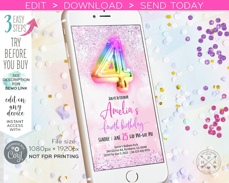May include: A digital invitation for a 4th birthday party. The invitation features a rainbow-colored number 4 balloon, pink and white glitter, and the text "Join us to celebrate Amelia's fourth birthday". The date and time of the party are listed as "Sunday June 25 5:30 PM-8:00 PM".