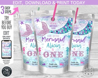 May include: Three printable juice box labels featuring a mermaid theme. The labels are decorated with a purple and blue mermaid tail, seashells, and the text "Our Little Mermaid Alicia is One".