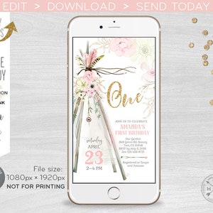 TeePee boho wild one electronic invitation first birthday tribal girl blush pink smartphone e-vite, sms digital invite. E107 03 107HPA
