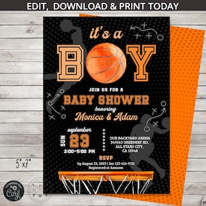 Invitation à une fête de naissance avec des sports de basket-ball, c'est une invitation à une fête de garçons, des jeux de ballon, des activités, des fêtes. Modèle de carte modifiable. 308HPA 01