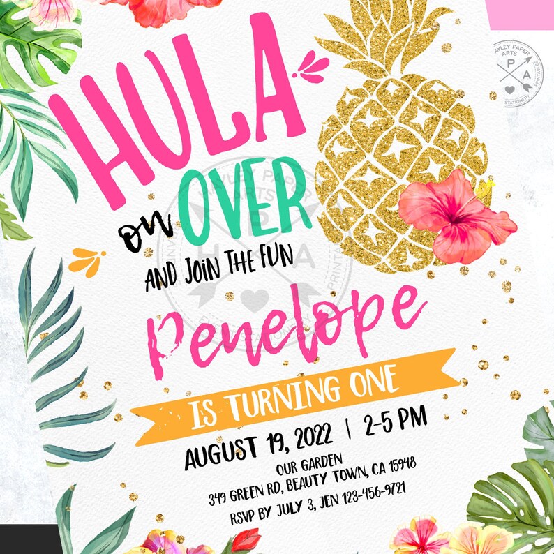 Inbjudan till födelsedag med hawaiiansk ananas och tropisk luau, inbjudan till fiesta och poolparty, oavsett ålder. Direktåtkomst till redigerbar mall. 187HPA 01 bild 5