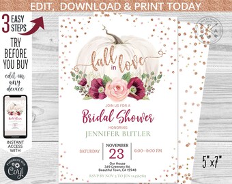 May include: Bridal shower invitation with a white pumpkin and floral accents. The text "fall in love" is written in cursive. The invitation includes event details, such as the date, time, and location, and is 5" x 7".