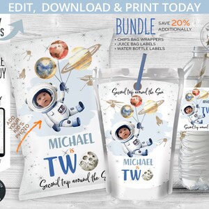 May include: A printable set of party decorations for a second birthday with a space theme. The set includes a chip bag wrapper, a juice box label, and a water bottle label. The labels feature a cartoon astronaut holding balloons with planets and stars. The text on the labels reads "Michael is Two" and "Second Trip Around the Sun".
