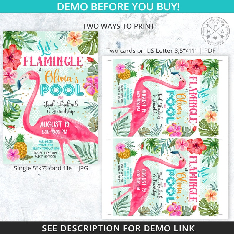 May include: A pink flamingo pool party invitation with tropical leaves, pineapples, and flowers. The text reads "Let's Flamingle at Olivia's Pool for Food, Flocktails & Friendship, August 19, 6:00-10:00 PM".