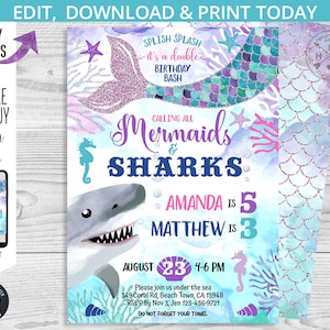 Mermaids and Sharks double birthday under the sea invitation joint sibling sister brother girl boy party invite Editable template 062HPA 01