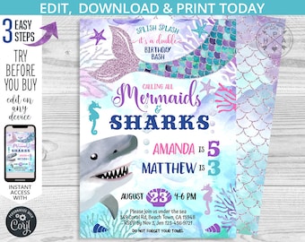 Mermaids and Sharks double birthday under the sea invitation joint sibling sister brother girl boy party invite Editable template 062HPA 01