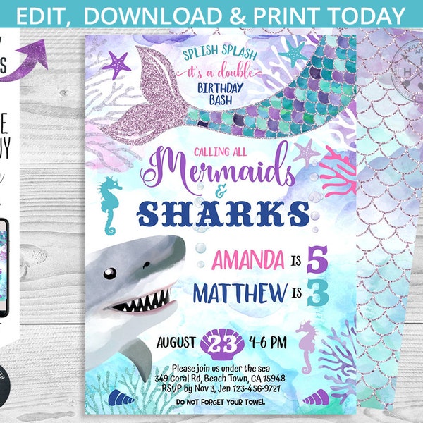 Mermaids and Sharks double birthday under the sea invitation joint sibling sister brother girl boy party invite Editable template 062HPA 01