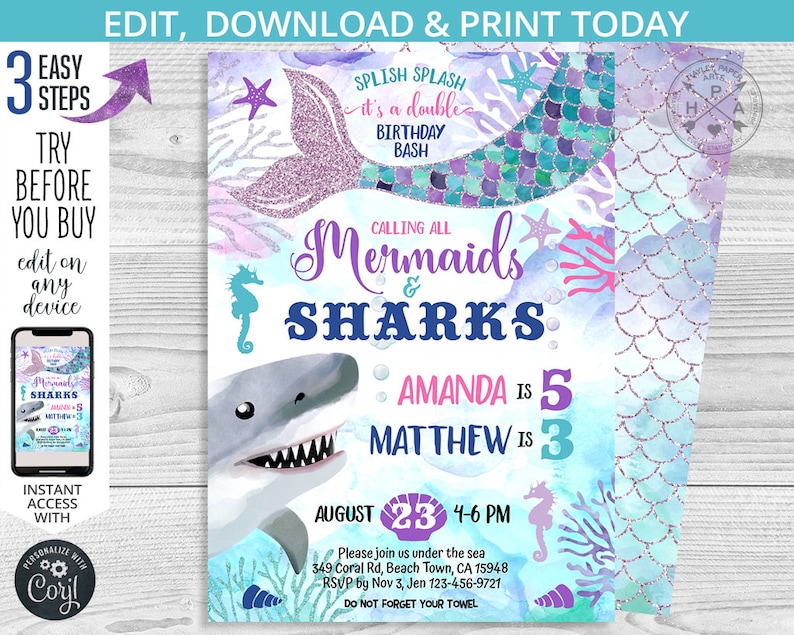 May include: A printable invitation for a mermaid and shark themed birthday party. The invitation features a mermaid tail with purple and blue scales, a shark with a toothy grin, and the text "Calling all Mermaids & Sharks." The invitation also includes the names Amanda and Matthew, their ages, and the date and time of the party.