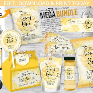 MEGA BUNDLE Bee birthday party pack, honey ONE chips bags, juice, krispies wrappers, bottle labels, tags. Editable printables. 059HPA 45