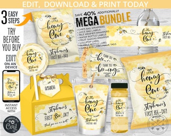 MEGA BUNDLE Bee birthday party pack, honey ONE chips bags, juice, krispies wrappers, bottle labels, tags. Editable printables. 059HPA 45