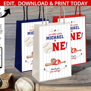 Baseball Papier Geschenktüte Etiketten ersten Geburtstag für kleinen Rookie ONE Batter Sport Party Griff Take Away Label. Bearbeitbares Design 191HPA 19 B