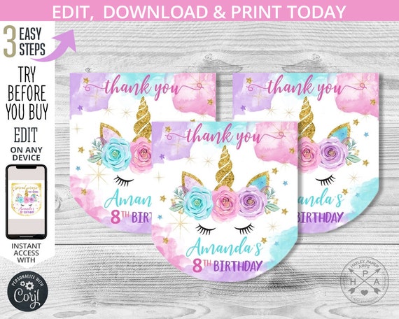 Unicorn hand sanitizer label sticker magical celebration birthday favor purple pink magic love party. Editable template. 046HPA 34 C Il_570xn