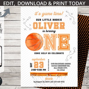 Invitation pour le premier anniversaire de sports de basket-ball UNE fête des garçons toutes les étoiles, invitation à une fête d'activités de jeux de ballon. Modèle de carte modifiable. 218HPA 01