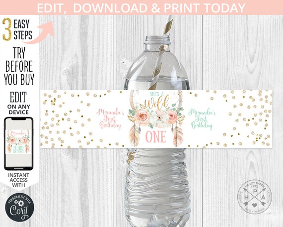 Dreamcatcher first birthday wild one bottle label girl pink pastel kidchella boho party. Dream catcher feathers. Instant access. 122HPA 09 C Il_570xn