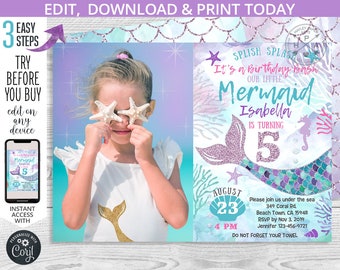 Mermaid birthday under the sea glitter invitation lilac purple teal aqua girl photo party invite invitations. Editable template. 060HPA 14