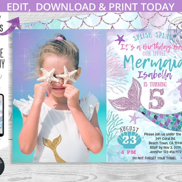 Mermaid birthday under the sea glitter invitation lilac purple teal aqua girl photo party invite invitations. Editable template. 060HPA 14