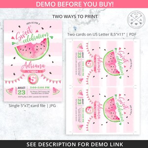 May include: Watermelon-themed birthday invitation with pink and white stripes, featuring a watercolor illustration of a watermelon slice with seeds. The text reads "Join us for a Sweet Celebration" and "Adriana is turning 5".