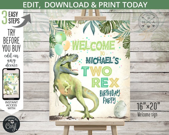 Dinosaur welcome sign two rex 16x20 poster 2nd second birthday. Dino party dinomite T-Rex entrance board. Editable printable. 141HPA 20 A Il_570xn