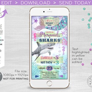 Invitación electrónica de cumpleaños conjunta de Sirenas y Tiburones bajo el mar para dos hermanos, invitación digital en línea para smartphone. E062 01 062HPA imagen 2
