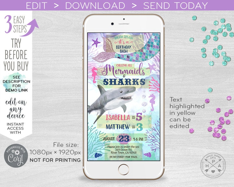 Invitación electrónica de cumpleaños conjunta de Sirenas y Tiburones bajo el mar para dos hermanos, invitación digital en línea para smartphone. E062 01 062HPA imagen 2
