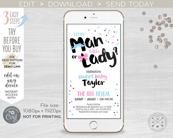 Little man or little lady gender reveal party electronic girl boy baby shower pink blue invitation smartphone e-vite. 400HPA E147 01 147HPA Il_570xn
