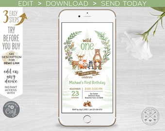 Woodland wild one electronic invitation forest animals birthday smartphone e-vite, digital invite online virtual party 400HPA E092 01 092HPA