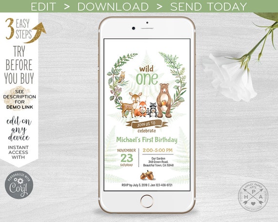 Woodland wild one electronic invitation forest animals birthday smartphone e-vite, digital invite online virtual party 400HPA E092 01 092HPA Il_570xn