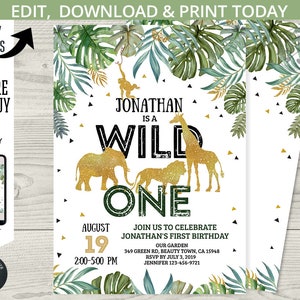 Jungle Wild One birthday invitation gold animals safari boy first 1st party elephant lion giraffe. Printable template. Editable. 040HPA 02