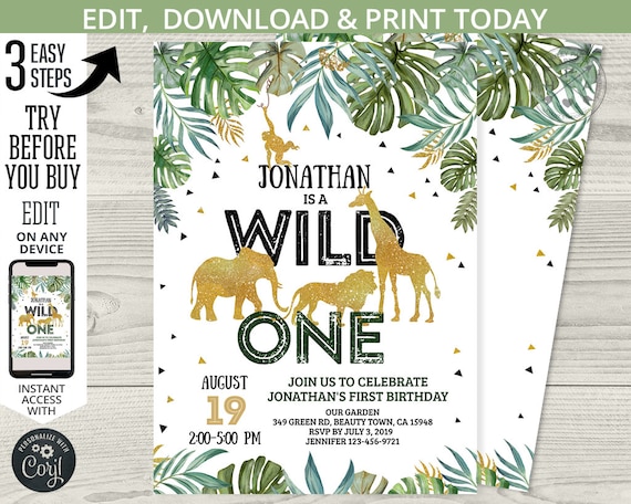 Jungle Wild One birthday invitation gold animals safari boy first 1st party elephant lion giraffe. Printable template. Editable. 040HPA 02 Il_570xn