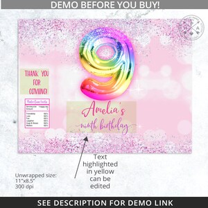 May include: A pink and white printable party favor tag with a rainbow number nine balloon and the text "Amelia's ninth birthday". The tag is decorated with glitter and clouds. The text "Thank you for coming!" is at the top of the tag. The text "Unwrapped size: 11"x8.5" 300 dpi" is at the bottom of the tag.
