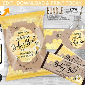 BUNDLE Bee baby reveal shower chips bag, water bottle labels, chocolate bar candy wrapper label, favors, self editable template. 049HPA 52