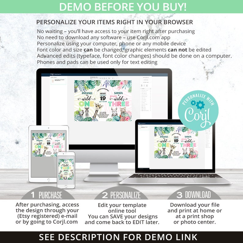 May include: A digital mockup showing how to personalize a printable invitation for a child's birthday party. The invitation features a jungle theme with a giraffe, a lion, and a monkey. The text on the invitation reads "wild one" and "wild three". The invitation is being edited using the Corjl.com online design tool.