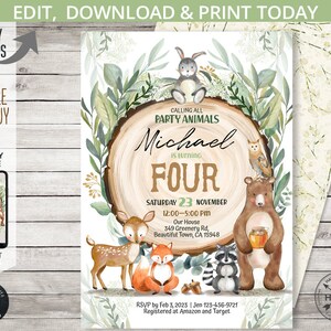 Convite de aniversário de animais de festa da floresta menino de qualquer idade floresta madeira vegetação raposa urso coelho. Editável para impressão. 093HPA 06