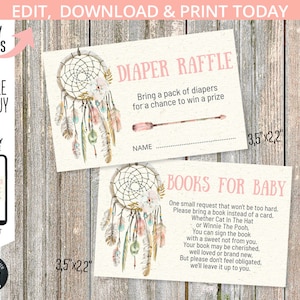 Cartes de demande de livre de tombola de couches boho pour baby shower attrape-rêves, flèches tribales rustiques roses boho. Modèle auto-modifiable 017HPA 04