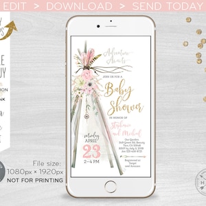 May include: A digital invitation for a baby shower with a pink and gold color scheme. The invitation features a teepee with floral accents and the text "Adventure Awaits" and "Join us for a Baby Shower".
