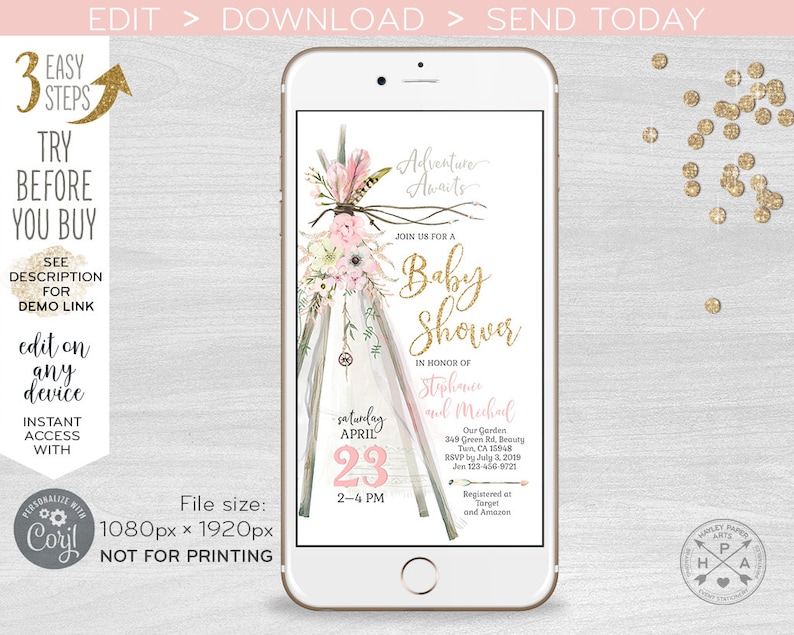 May include: A digital invitation for a baby shower with a pink and gold color scheme. The invitation features a teepee with floral accents and the text "Adventure Awaits" and "Join us for a Baby Shower".