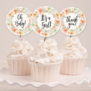 Floral boho Baby Shower Aquarell runde Cupcake Toppers. Es ist ein Mädchen, Thank you, Oh Baby 2x2 Tags. Pfirsich. Sofortiger Download. 088ST 01
