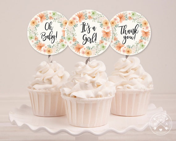 Floral bohemian baby shower watercolor round cupcake toppers. It's a girl, Thank you, Oh Baby 2x2 tags. Peach. Instant download. 088ST 01 Il_570xn
