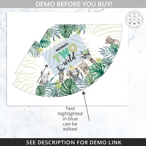 May include: A printable party hat template featuring a jungle theme with a zebra print background. The hat is decorated with green leaves, a giraffe, a rhino, an elephant, and a zebra. The text "Michael's Two Wild" is written in blue and green on the hat.