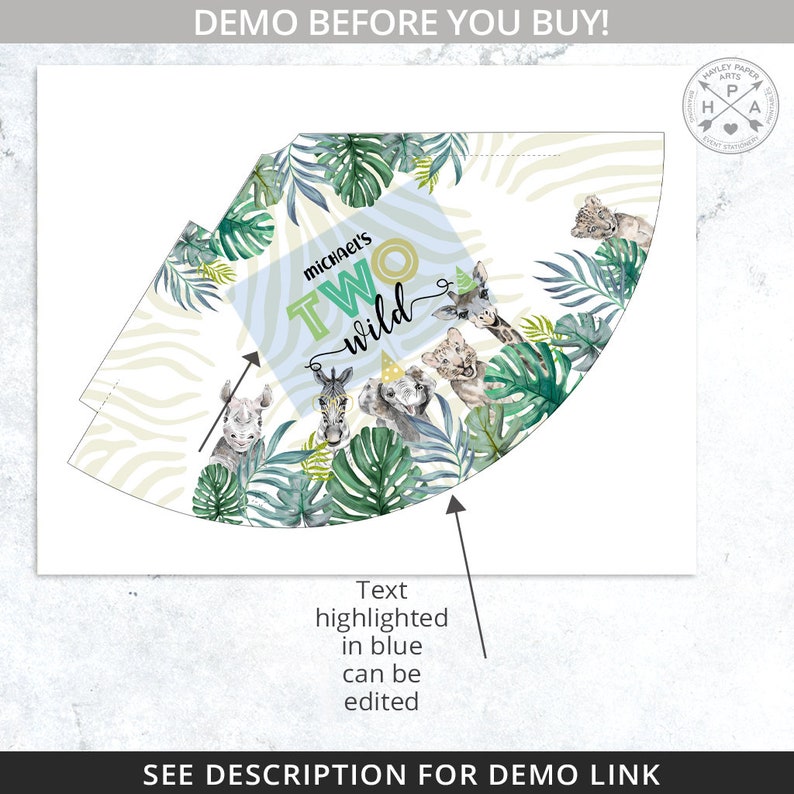 May include: A printable party hat template featuring a jungle theme with a zebra print background. The hat is decorated with green leaves, a giraffe, a rhino, an elephant, and a zebra. The text "Michael's Two Wild" is written in blue and green on the hat.