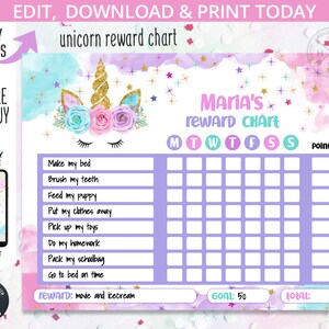 May include: A printable unicorn-themed reward chart for kids. The chart has a purple background with a unicorn illustration and a grid for tracking daily tasks. The chart includes a space for a child's name, a list of tasks, a points column, and a goal of 50 points. The reward for reaching the goal is "movie and ice cream".