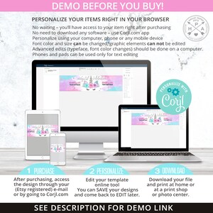 K&ouml;nnte beinhalten: Ein digitales Mockup, das zeigt, wie man ein Einhorn-Banner f&uuml;r eine Geburtstagsparty personalisiert. Das Banner ist rosa, blau und wei&szlig; mit einer Einhorn-Illustration und dem Text "magical celebration". Das Banner kann mit der Corjl.com-App bearbeitet werden.