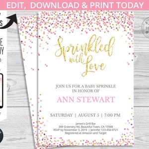 EDITABLE Confetti sprinkled with love girl shower party invitation. Pink gold glitter. Instant access to template. Edited by you. 039HPA 01