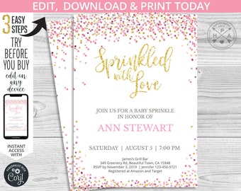 EDITABLE Confetti sprinkled with love girl shower party invitation. Pink gold glitter. Instant access to template. Edited by you. 039HPA 01