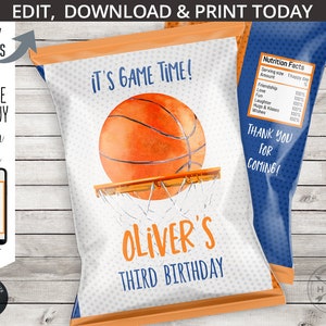 Basketball chips bag birthday party ball sports game time favor pack pouch wrapper, container for snacks. Editable printable. 219HPA 30 A