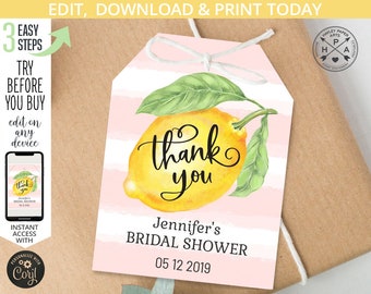 EDITABLE Citrus Lemon bridal shower thank you yellow tag. She found her main squeeze. Instant access to the template. 029HPA 08 202HPA