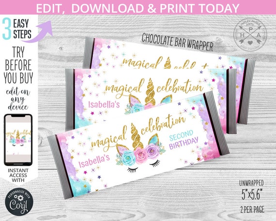 Unicorn chocolate bar wrapper birthday celebration candy label magical party any age. Editable template. Instant download. 046HPA 12 A Il_570xn