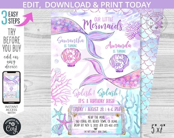 Mermaids joint party invitation birthday purple teal pink under the sea mermaid tail treasure box invitations. Editable printable 198HPA 08
