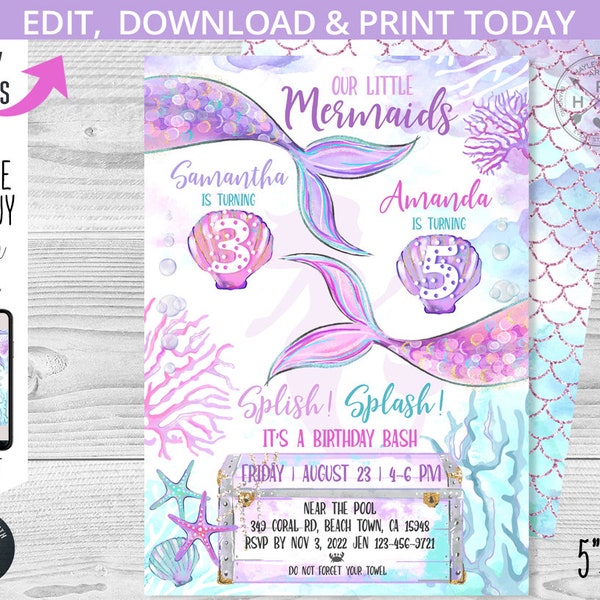 Mermaids joint party invitation birthday purple teal pink under the sea mermaid tail treasure box invitations. Editable printable 198HPA 08